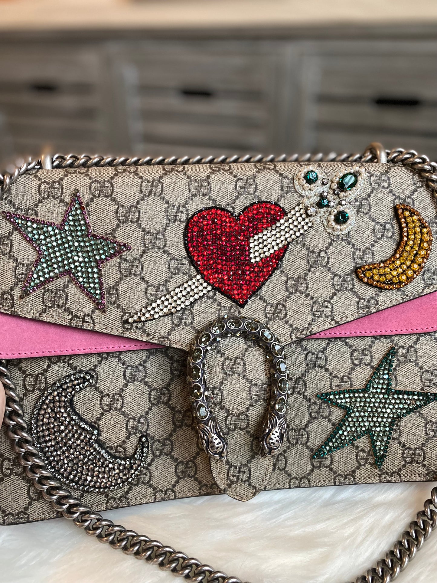 Gucci GG Supreme Monogram Suede Pierced Heart Embroidered Dionysus