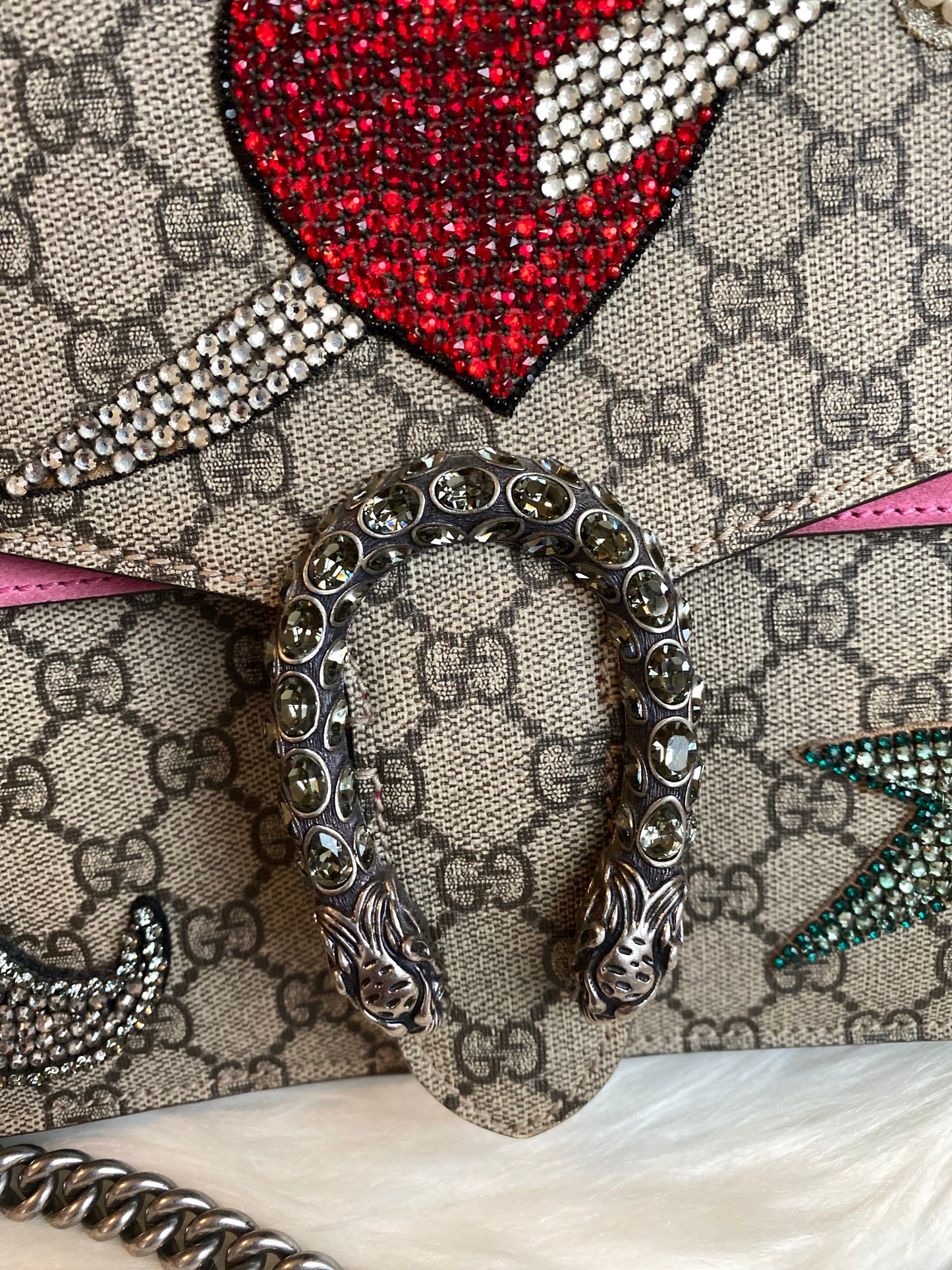 Gucci GG Supreme Monogram Suede Pierced Heart Embroidered Dionysus