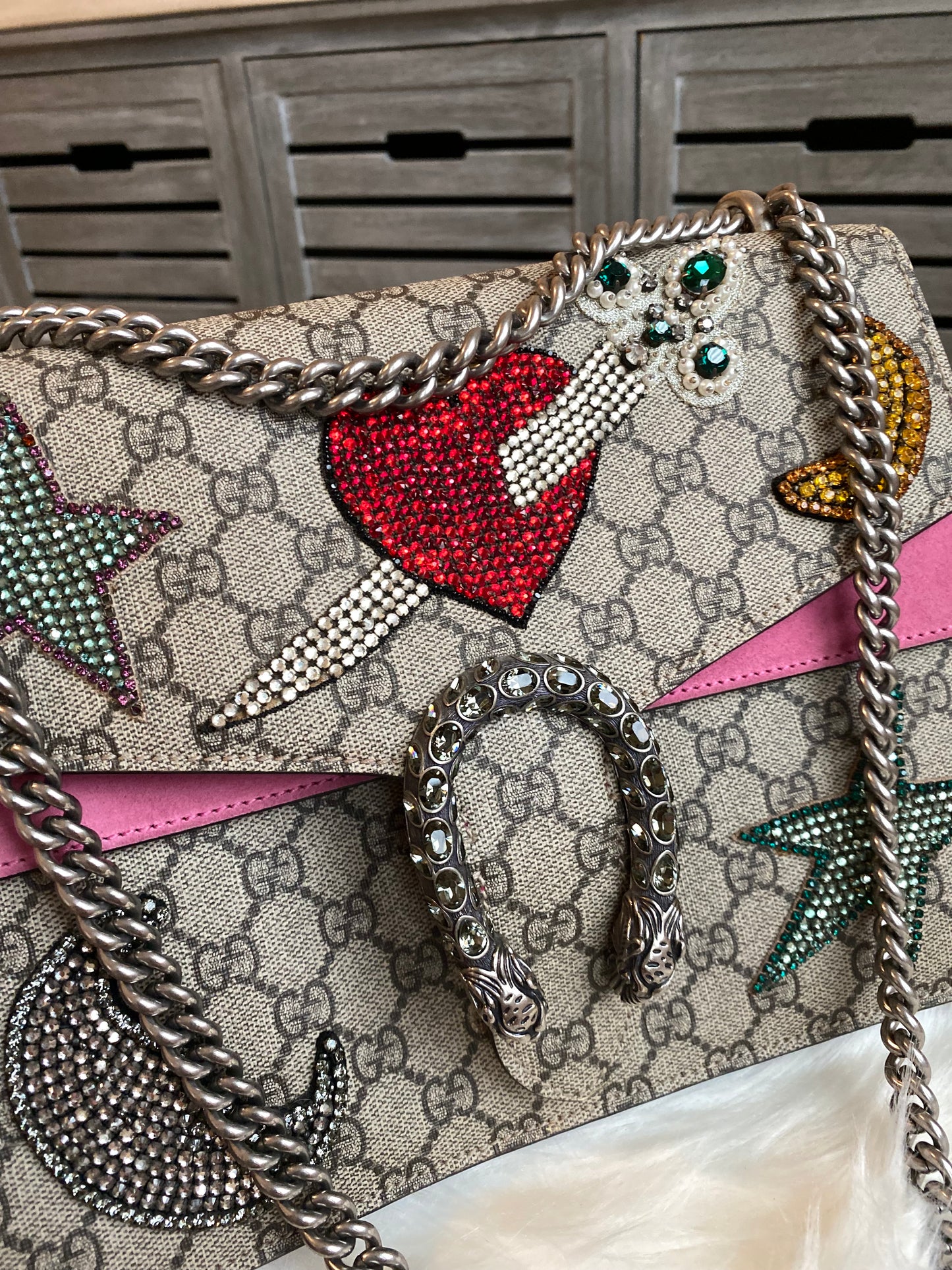 Gucci GG Supreme Monogram Suede Pierced Heart Embroidered Dionysus