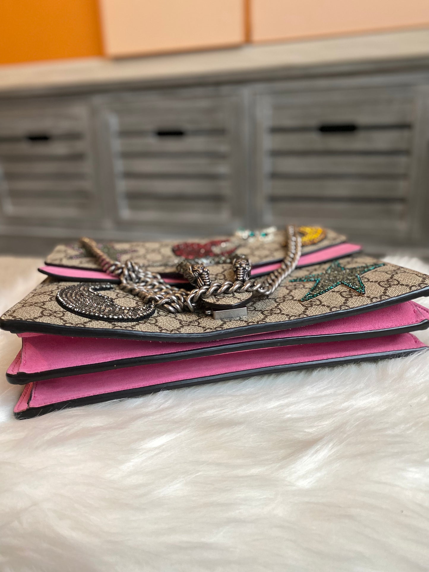 Gucci GG Supreme Monogram Suede Pierced Heart Embroidered Dionysus