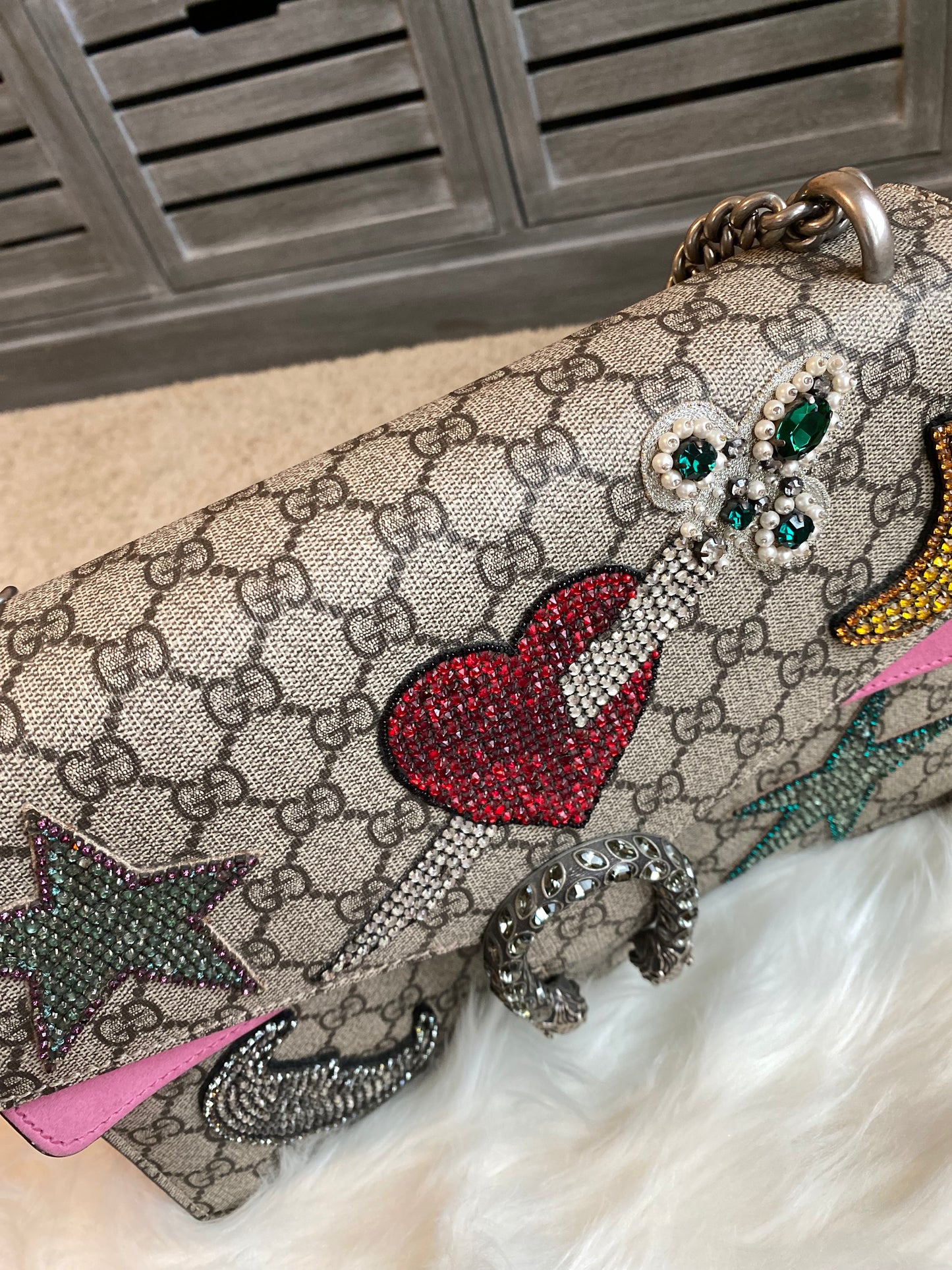 Gucci GG Supreme Monogram Suede Pierced Heart Embroidered Dionysus