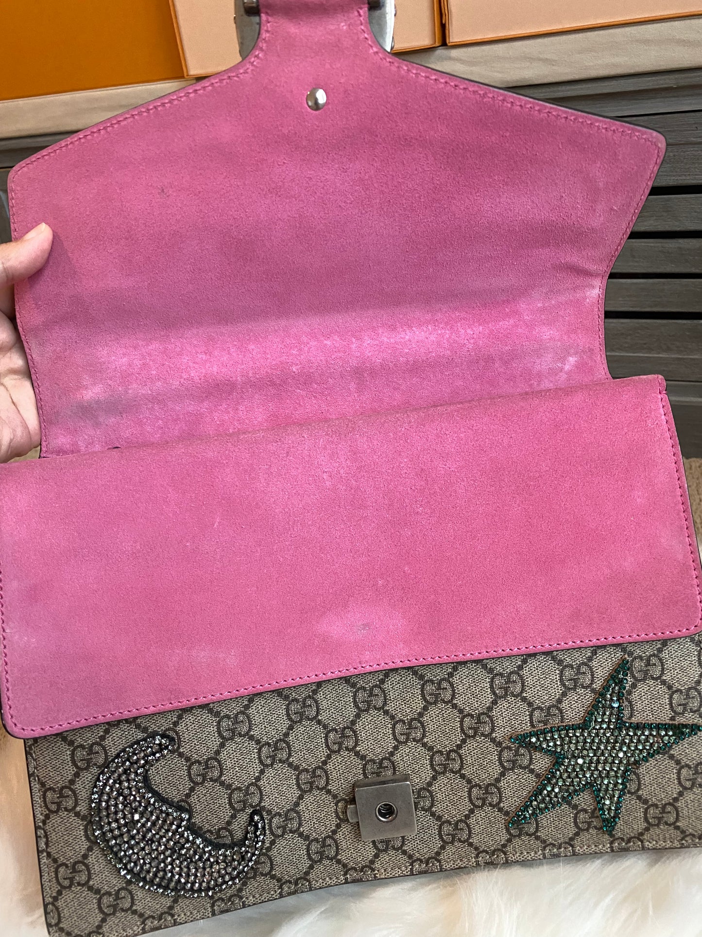 Gucci GG Supreme Monogram Suede Pierced Heart Embroidered Dionysus