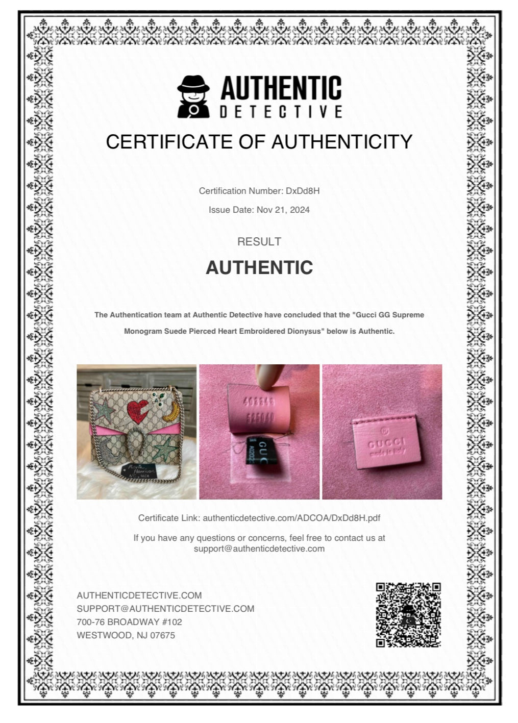 Gucci GG Supreme Monogram Suede Pierced Heart Embroidered Dionysus