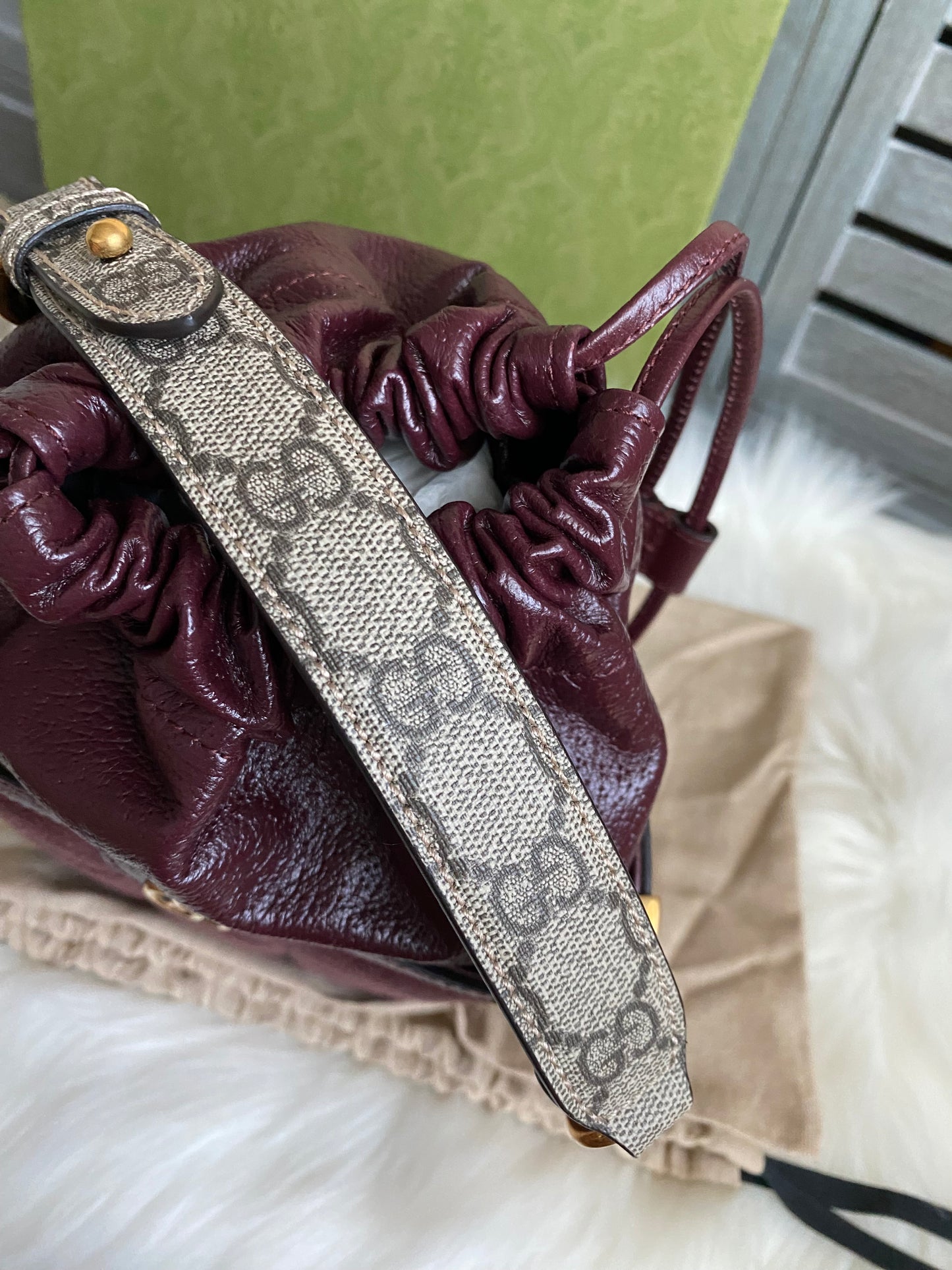 GUCCI Burgundy Mini GG Supreme Canvas Triangle Crossbody Bag
