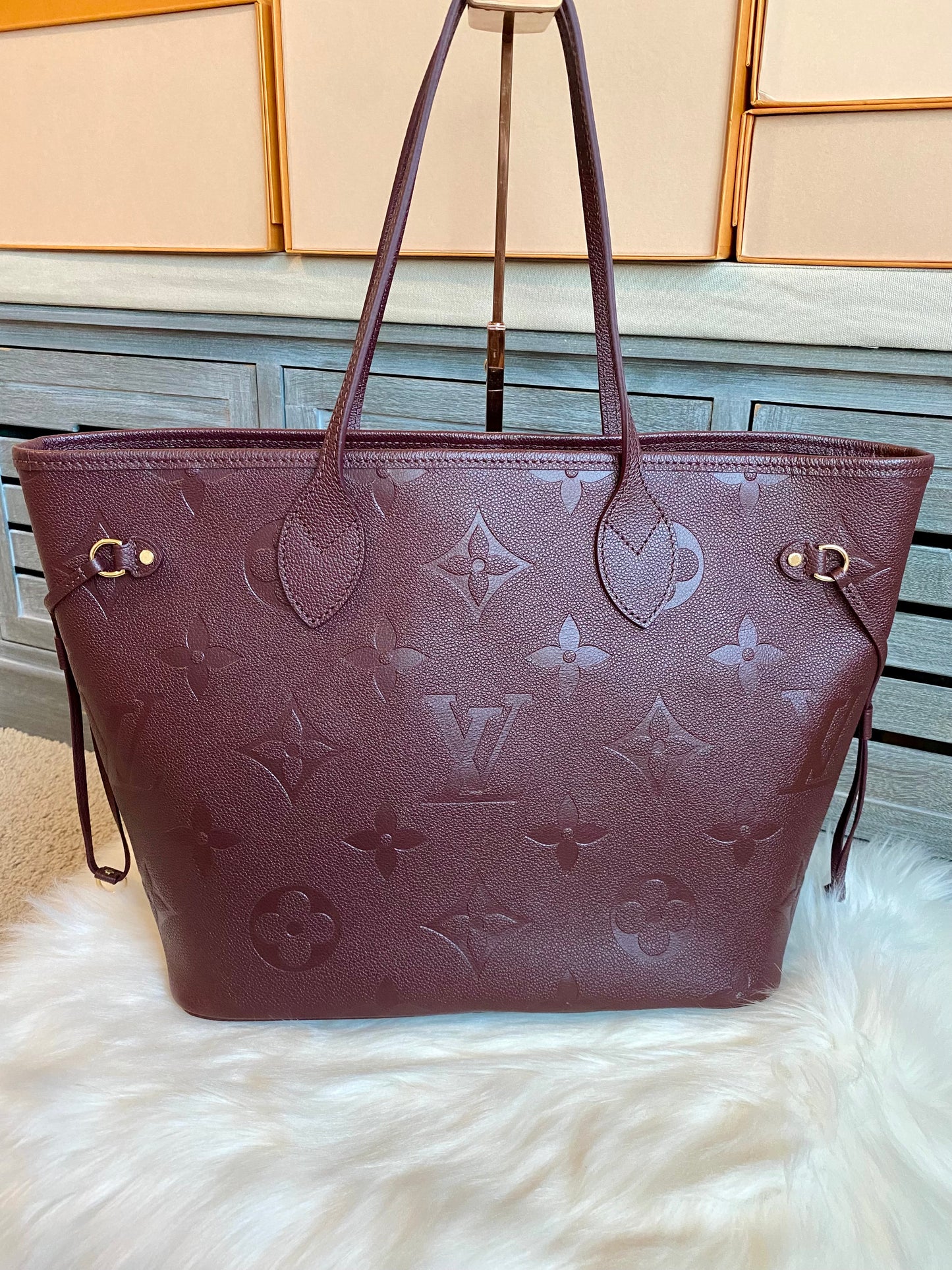 Louis Neverfull MM Empreinte Leather With Pouch Wine Color