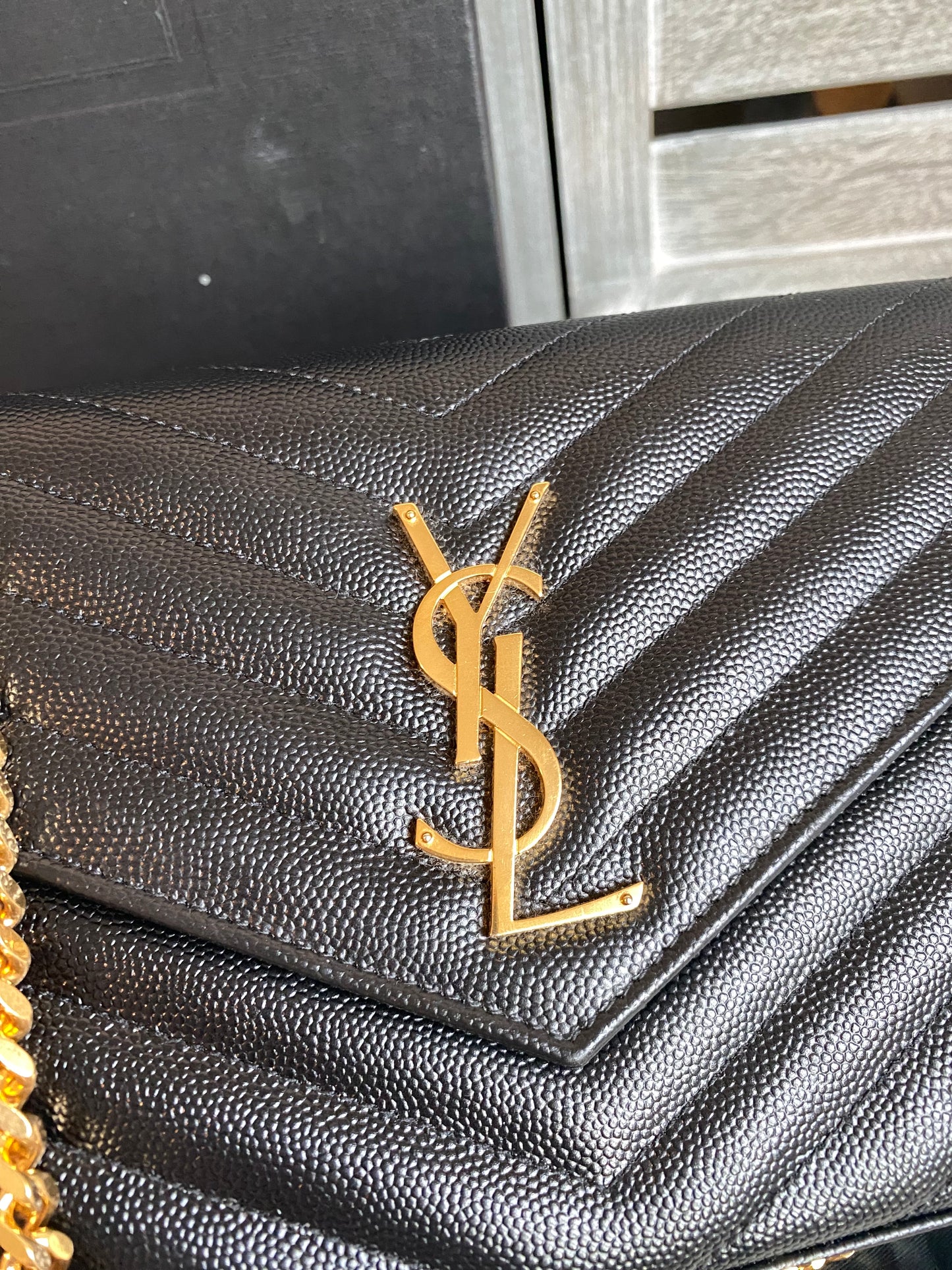 Saint Laurent Classic Cassandre Chain Wallet In Grain De Poudre Leather