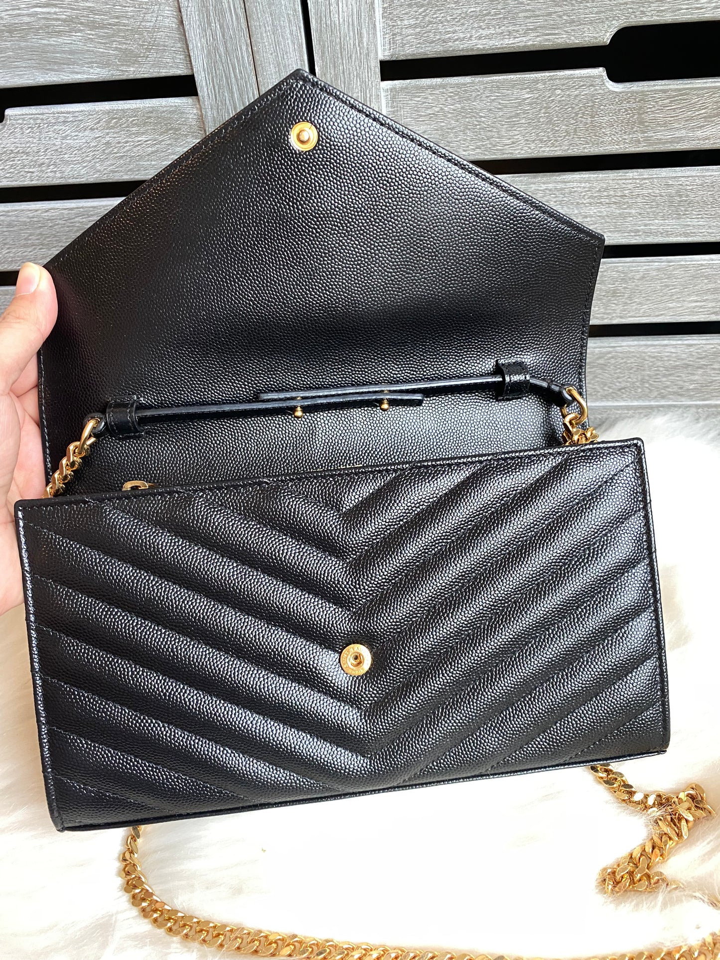 Saint Laurent Classic Cassandre Chain Wallet In Grain De Poudre Leather
