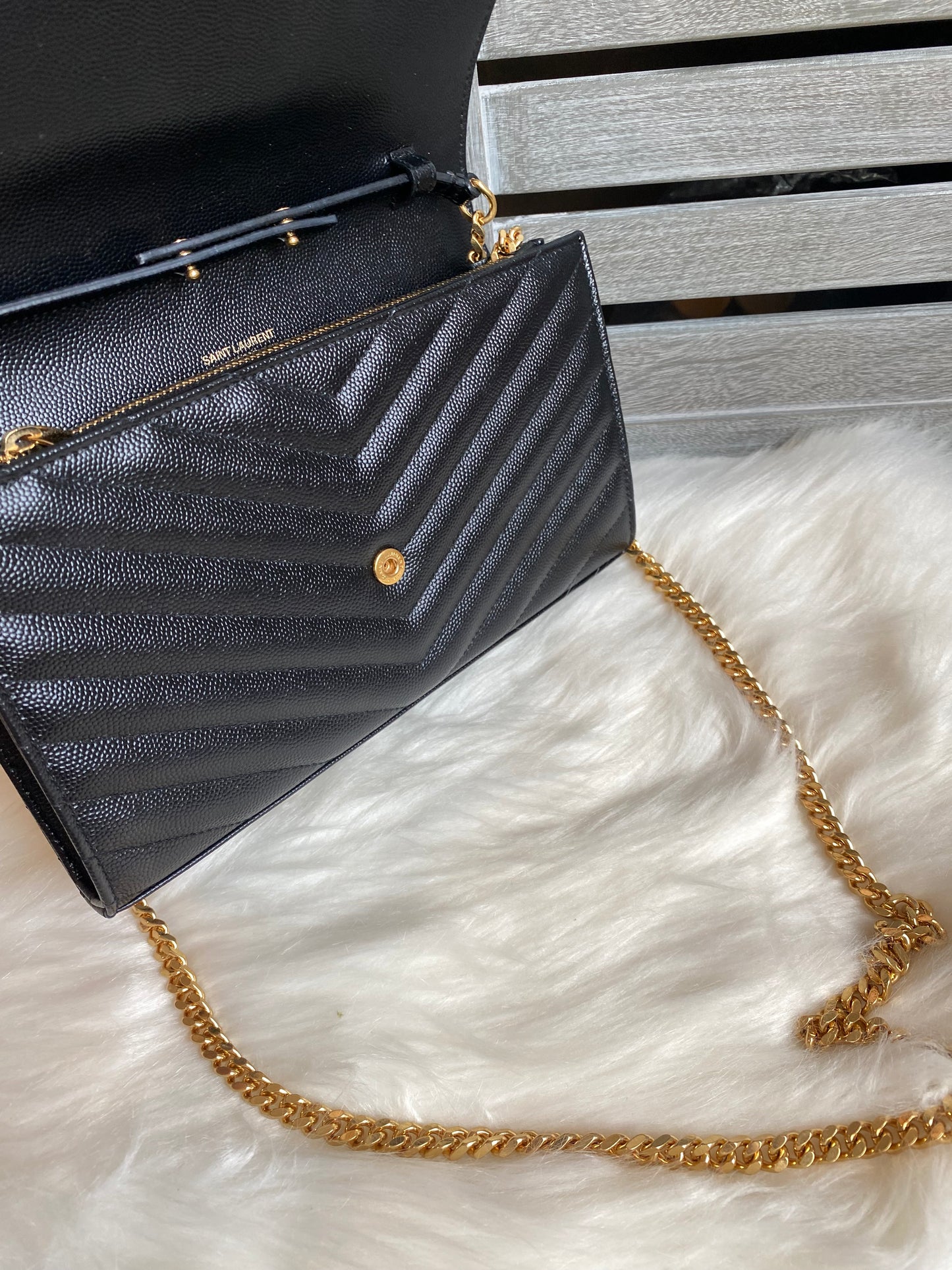 Saint Laurent Classic Cassandre Chain Wallet In Grain De Poudre Leather