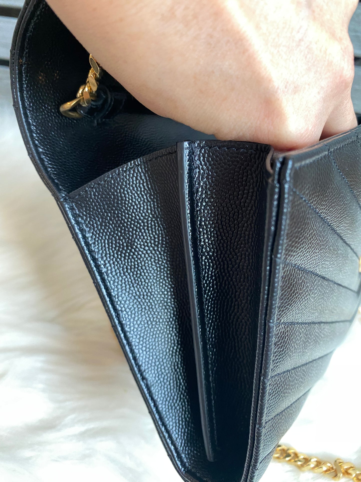 Saint Laurent Classic Cassandre Chain Wallet In Grain De Poudre Leather