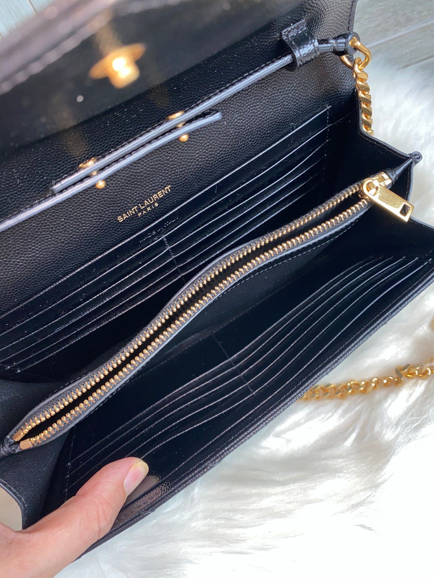 Saint Laurent Classic Cassandre Chain Wallet In Grain De Poudre Leather