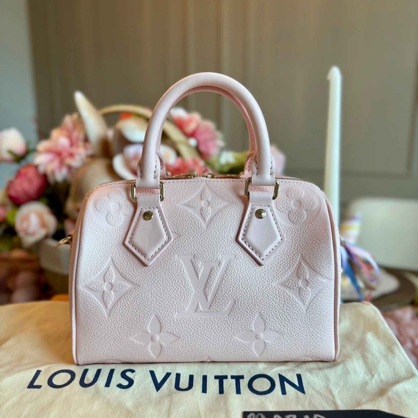 Louis Vuitton Speedy 20 Bandouliere Pink Opale Empreinte Leather