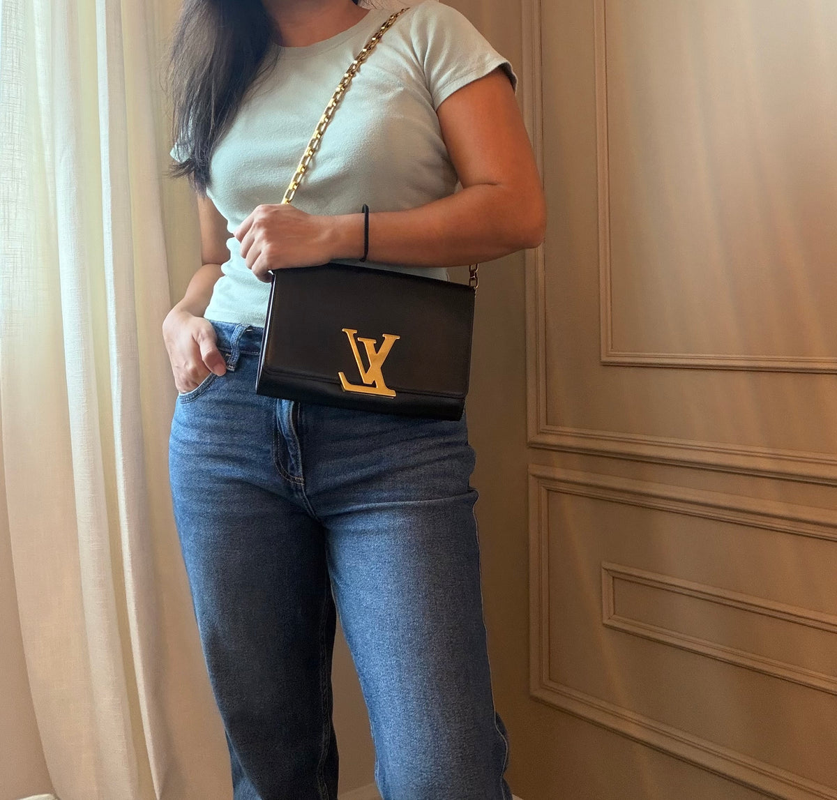 Louis Vuitton Black Calfskin Leather Chain Louise GM Bag