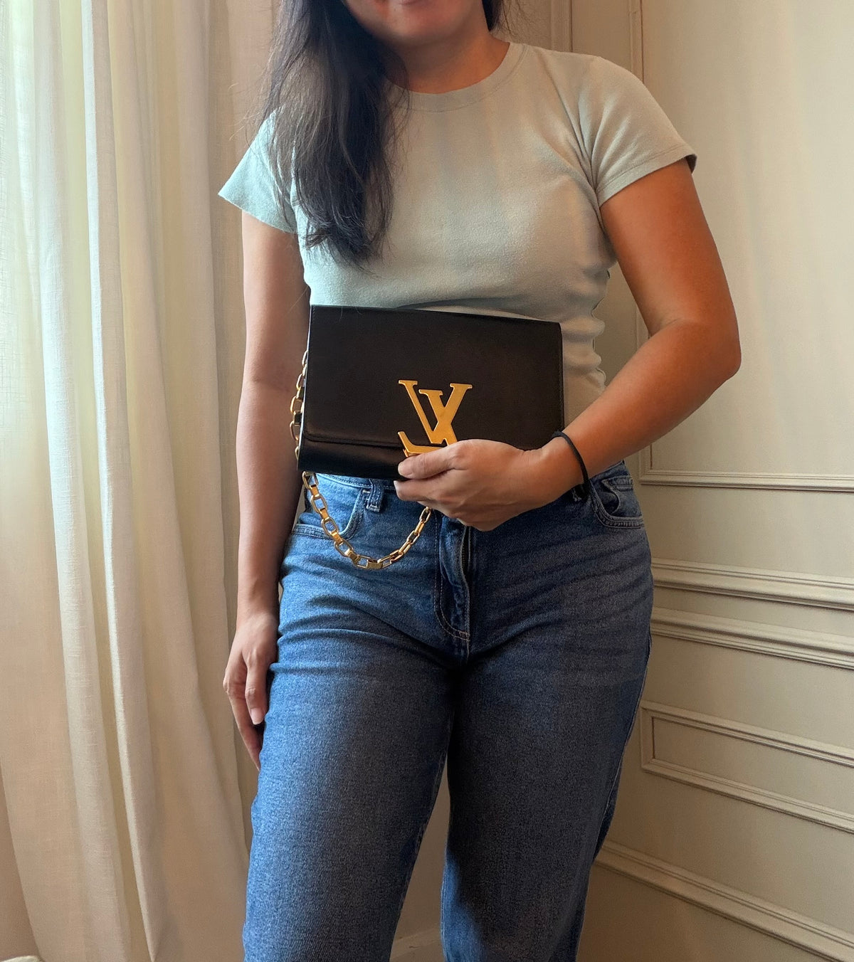 Louis Vuitton Black Calfskin Leather Chain Louise GM Bag